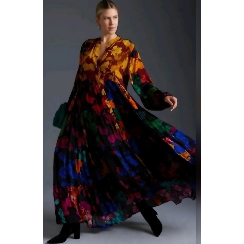 Siddhartha Bansal Anthro Aerial Boho Elegant Multicolor Floral Maxi Dress S